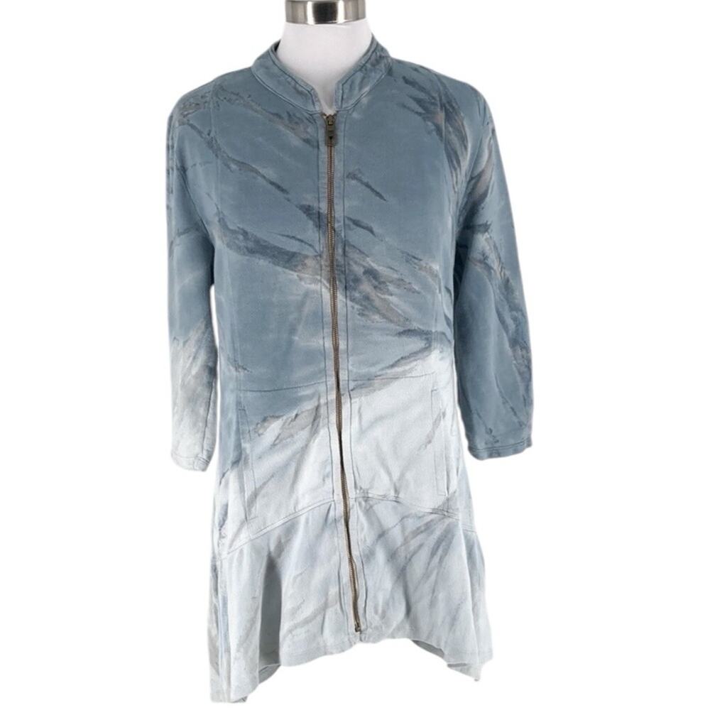 XCVI Womens Blue Tie Dye Zip Up 3/4 Sleeve French Terry Knit Jacket Size L